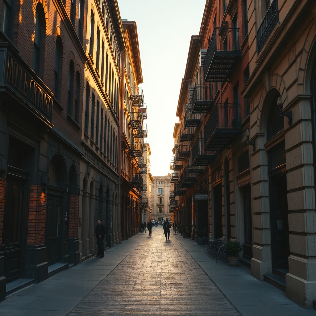 Ornate historic brick facades along a narrow city street at golden hour