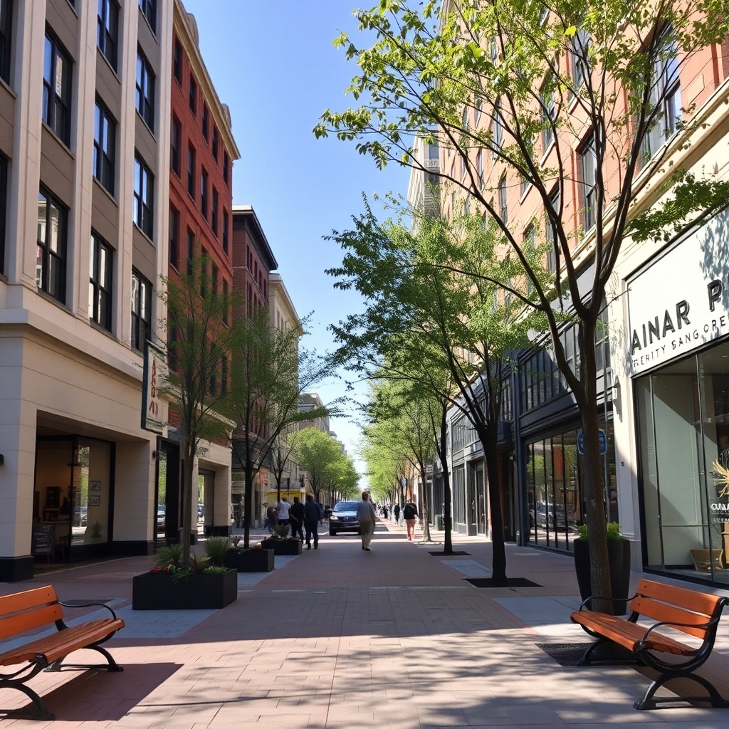 Pedestrian-friendly streetscape with trees and benches
