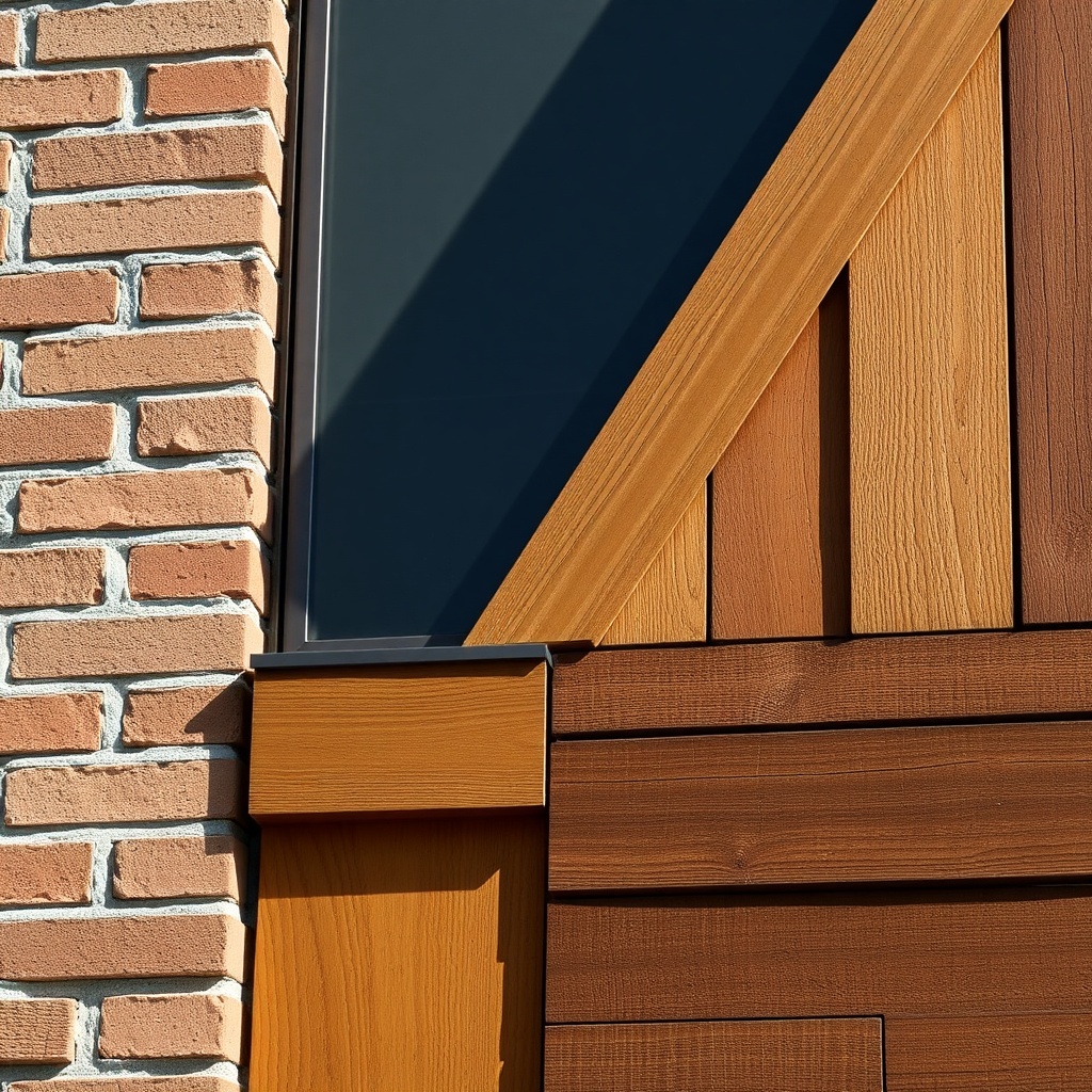 Close-up of mixed facade materials: brick, metal panels, and timber accents