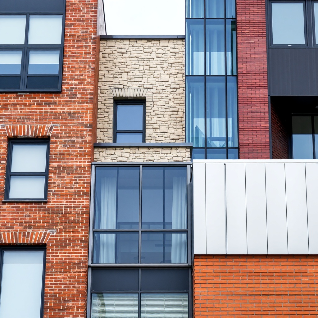 Various building facades with brick, stone, glass, and metal