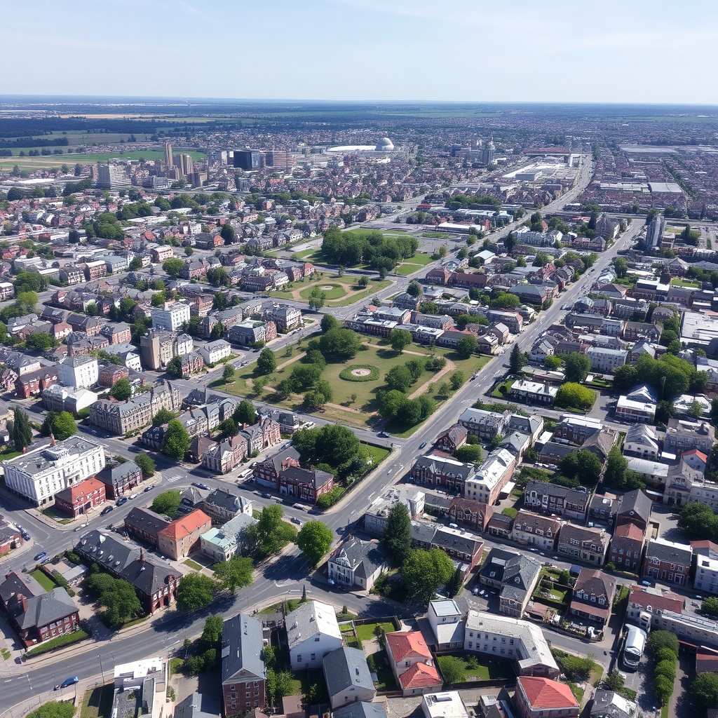 Aerial view of a neighborhood with diverse building styles and street layout