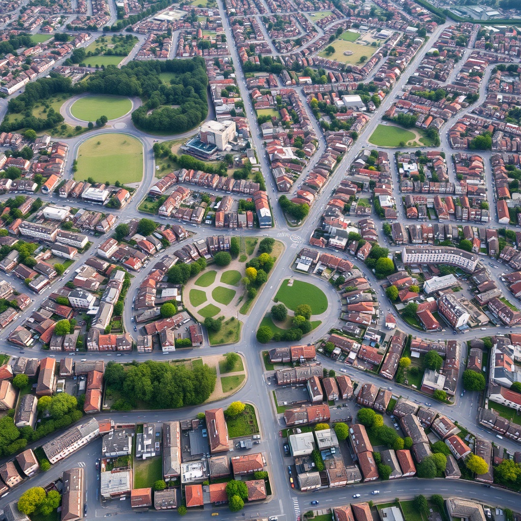 Aerial view of varied urban neighborhoods