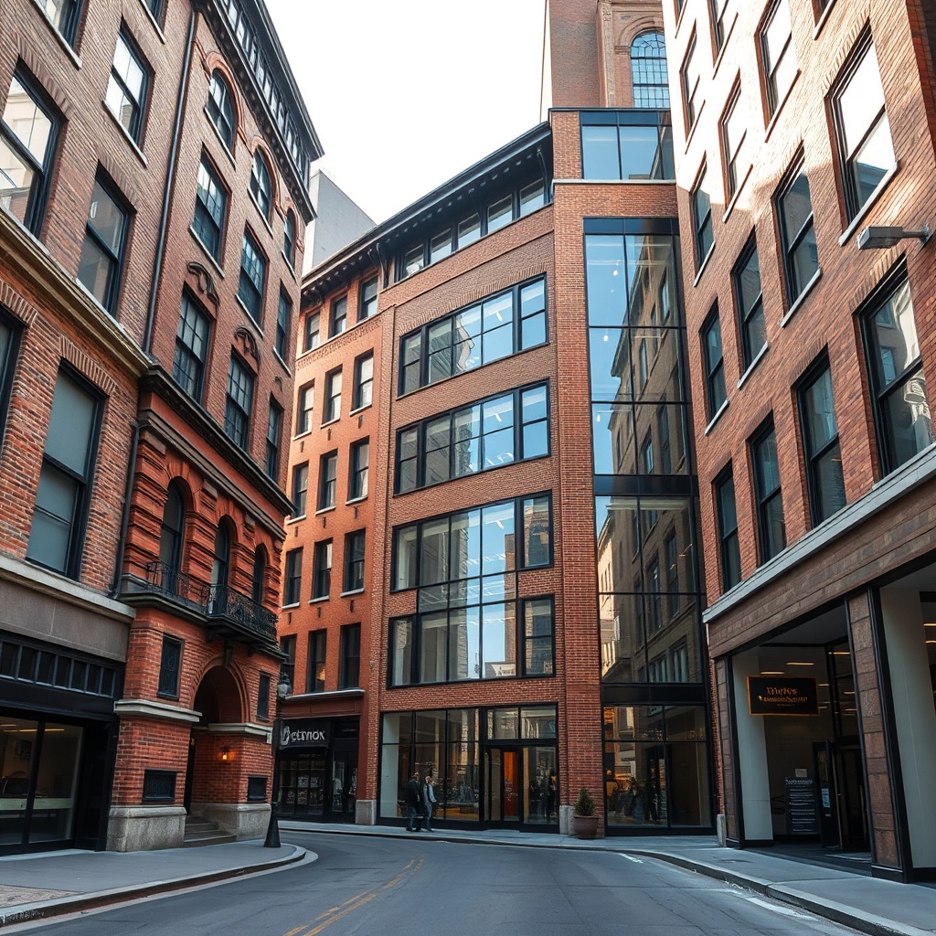 Historic and modern facades on an urban street