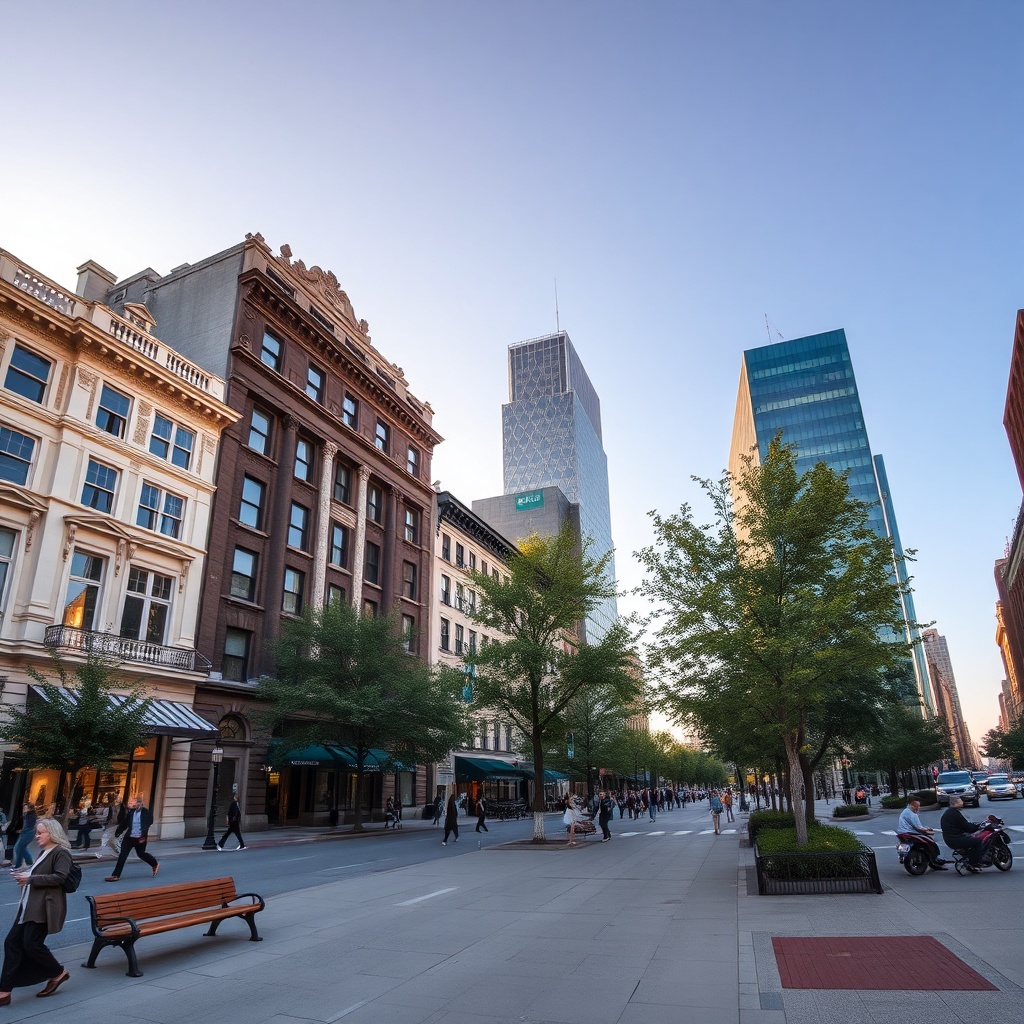 City street with historic and modern facades at golden hour