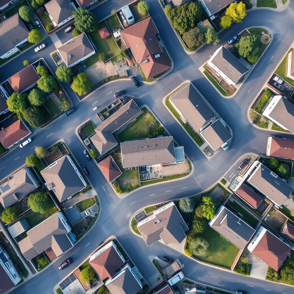 Aerial view of neighborhoods with varied architectural character